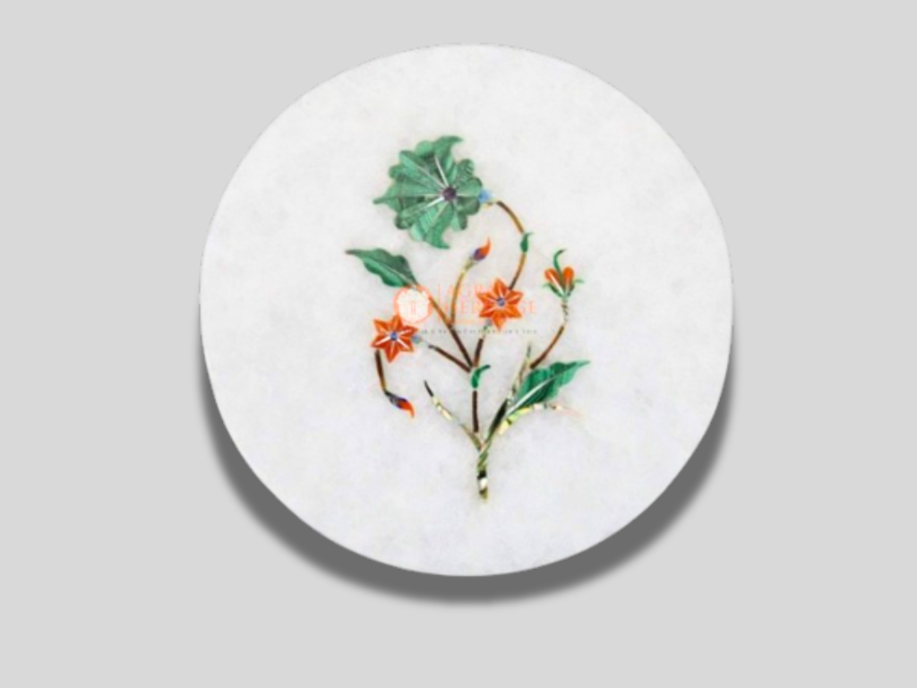 White Round Marble Coaster Set Multi Floral Inlaid Art